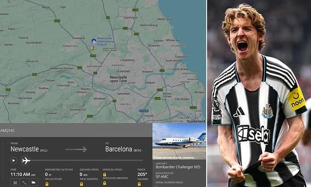 Anthony Gordon boards a private jet to Barcelona to complete £70m transfer from Newcastle - and is s