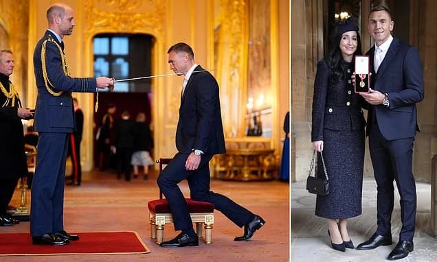 Arise, Sir Kevin! Rugby league legend Sinfield is knighted by Prince William after raising £13m for