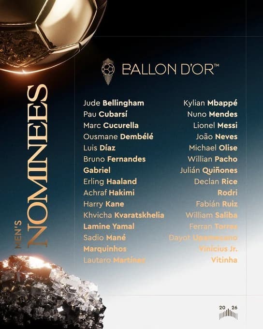 Balonul de Aur 2026: lista celor 30 de nominalizaţi, cu nouă jucători de la PSG, şase spanioli, cinc