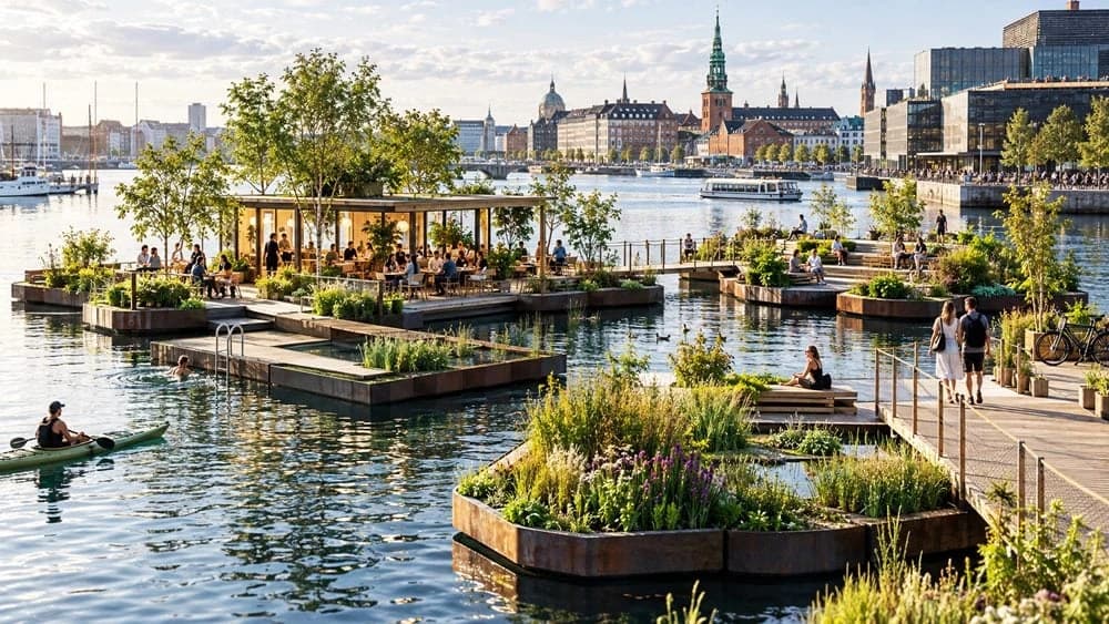 Copenhaga experimenteaza insulele plutitoare, cu gradini, copaci si spatii de relaxare. Un concept d
