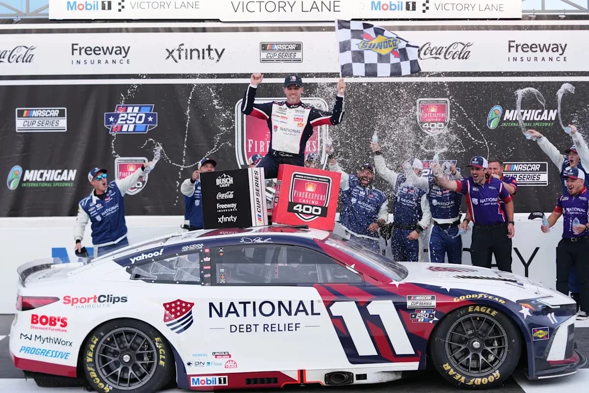 Denny Hamlin will start his three-peat bid from the pole at Pocono Raceway