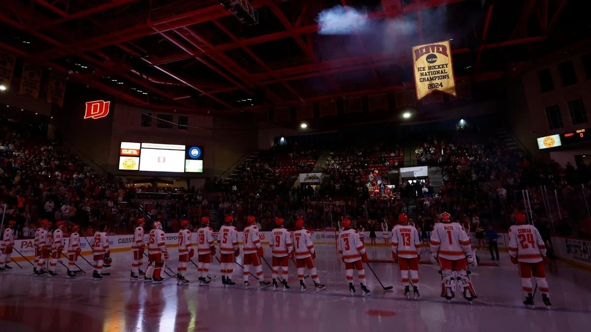 Denver Hockey Raising Championship Banner Oct. 16 vs. Michigan