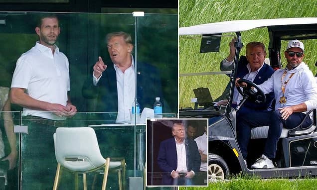 Donald Trump joins his son Eric behind bulletproof glass to watch LIV Golf event in Virginia... days