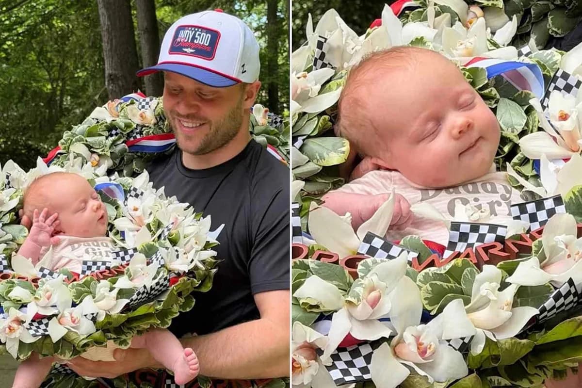 Felix Rosenqvist and Newborn Daughter Stella, 4 Weeks, Wear Matching Victory Wreaths as He Celebrate