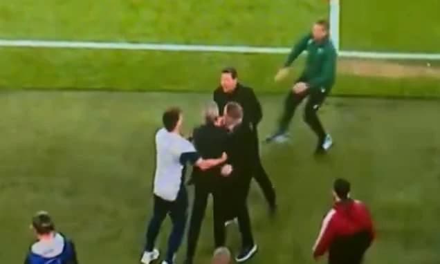 Fiery Diego Simeone PUSHES Arsenal's sporting director Andrea Berta in touchline spat as UEFA offici