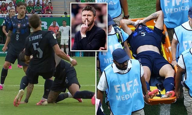 Heartbroken Manuel Ugarte leaves the pitch in tears as he is stretchered off on World Cup duty with