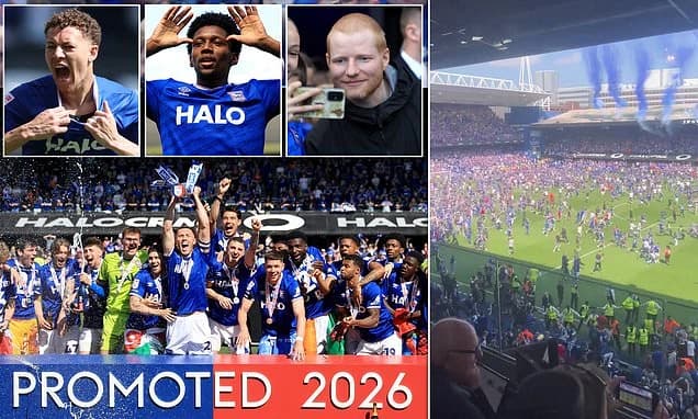 Ipswich are BACK in the Premier League! Ed Sheeran celebrates with fans as Kieran McKenna's side sec