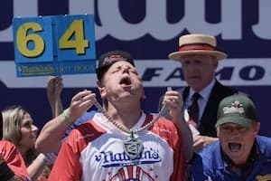 Joey Chestnut eats 66 hot dogs to again claim Mustard Belt at Nathan’s Famous contest