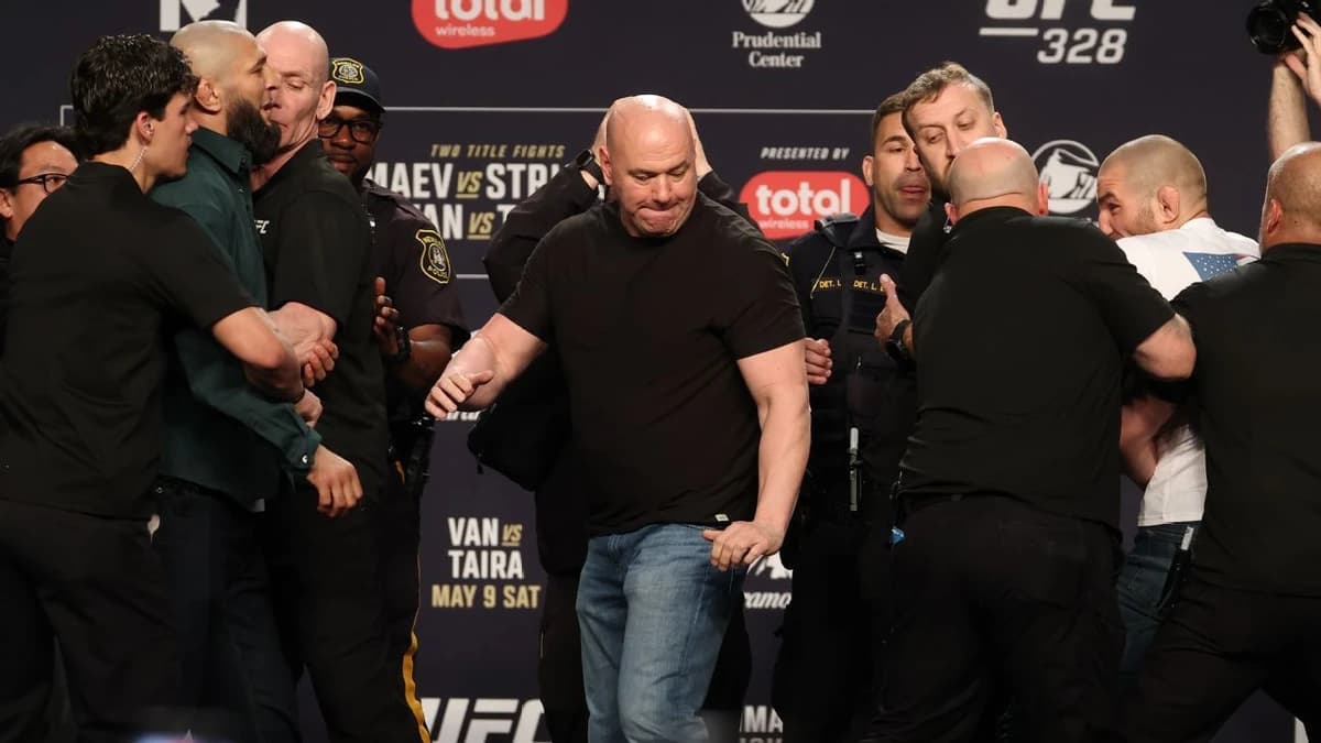 Khamzat Chimaev kicks Sean Strickland ahead of UFC 328 fight