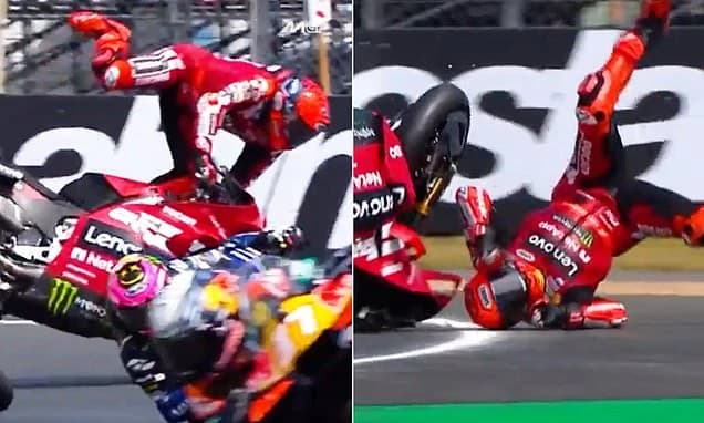 Moment motorbiking ace Marc Marquez suffering spectacular cartwheeling Moto GP crash as he breaks fo