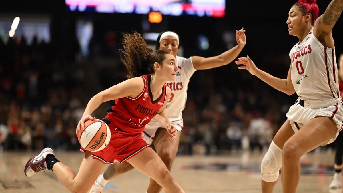 Portland Fire's Carla Leite puts Mystics' Shakira Austin in a blender with filthy handles