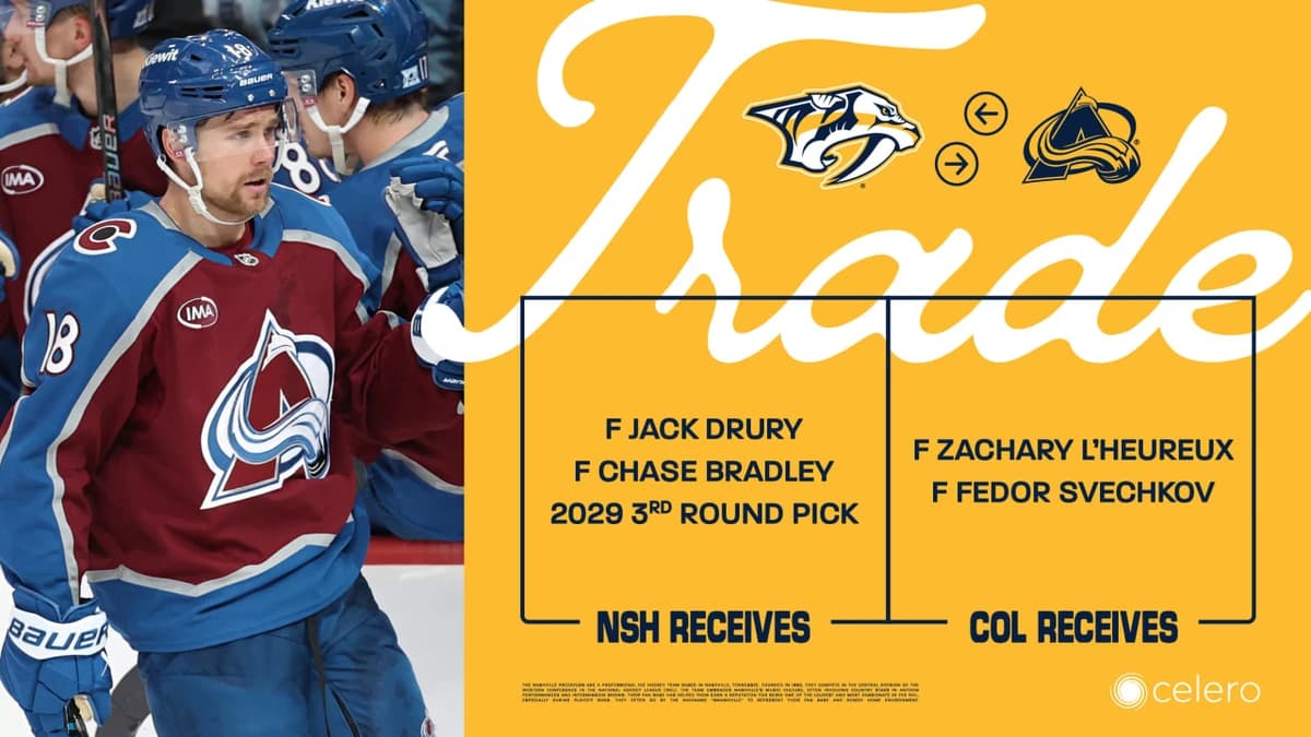 Predators Acquire Jack Drury, Chase Bradley, Third-Round Pick in 2029 NHL Draft From Colorado