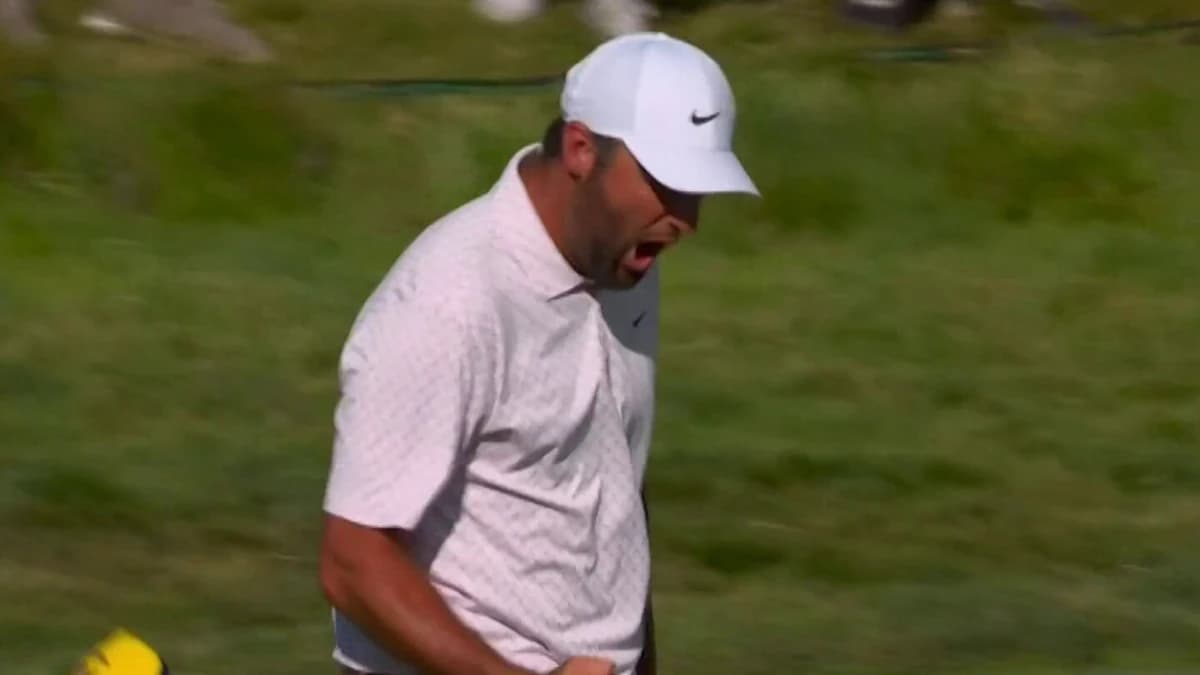 Scheffler fired up after chipping in for birdie on No. 14 at the U.S. Open
