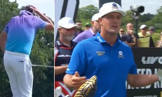 Shocking moment Bryson DeChambeau's wayward drive nearly hits a fuming Ian Poulter on the head