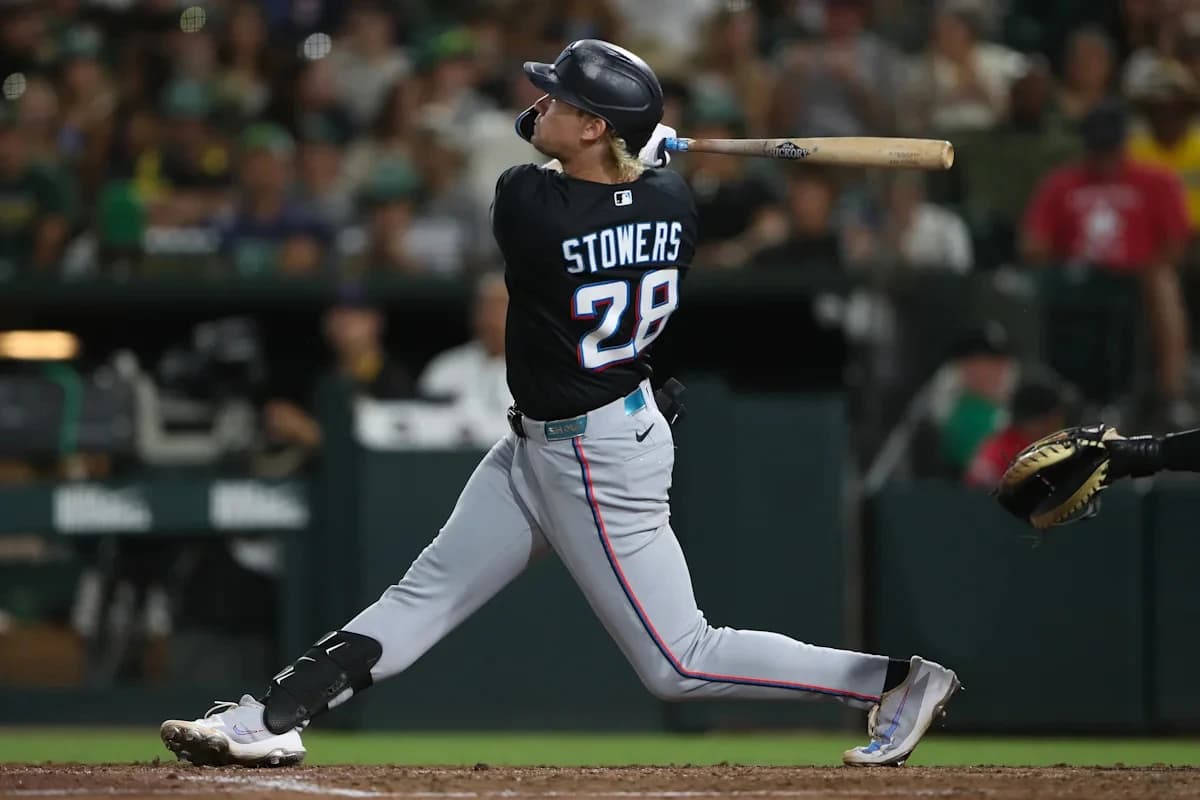 Stowers hits 2 of the Marlins' 6 HRs in a 12-5 win over the A's
