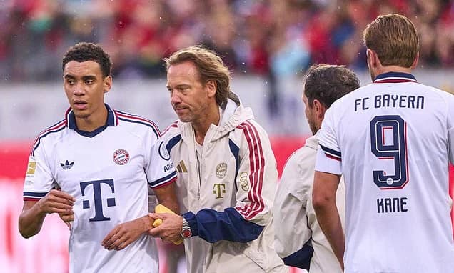 Terrifying moment Bayern Munich star Jamal Musiala collapses on the pitch for second time in just fo
