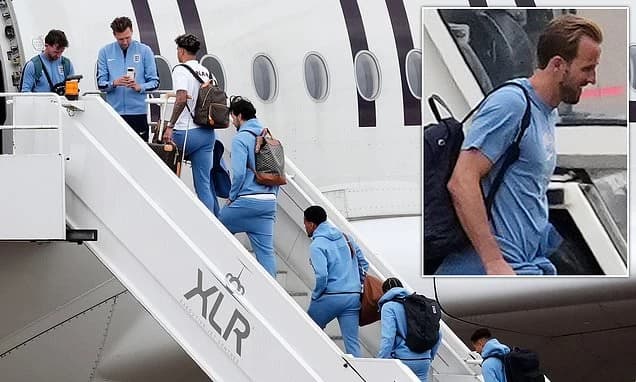 Three Lions on the plane! England's footballers fly out to Miami for the World Cup with captain Harr