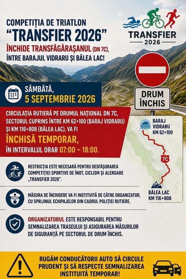 Transfăgăraşanul se închide, sâmbătă, pentru desfăşurarea unei competiţii de triatlon. Circulaţia ru