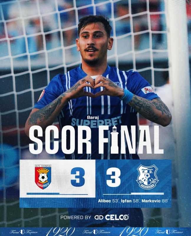 VIDEO Fotbal: Chindia Târgoviște - Farul Constanța 3-3, în barajul pentru Superligă