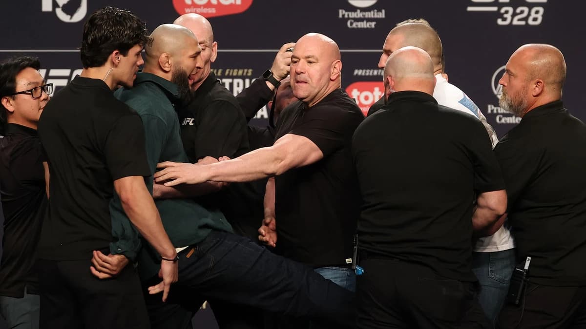 WATCH: Khamzat Chimaev kicks Sean Strickland during chaotic face off at UFC 328 press conference