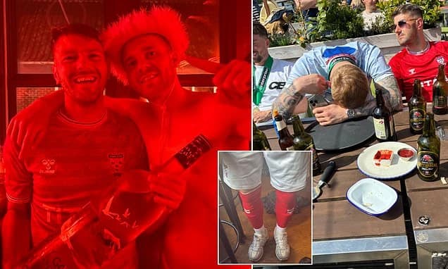 York City's 24-hour promotion party: Boozy stars dressed in full kit carry on the celebrations as he
